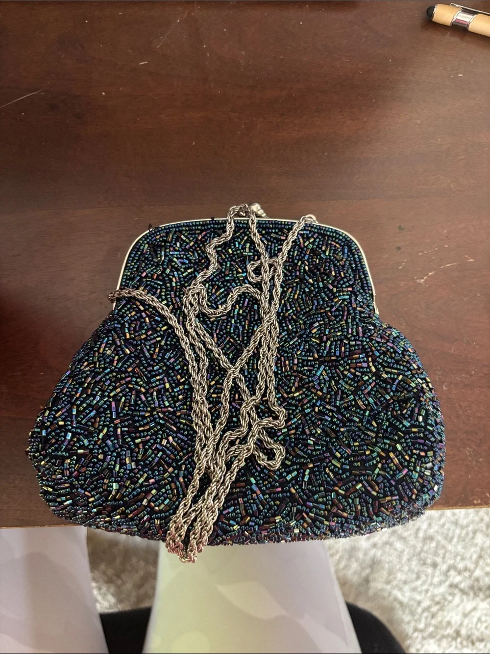 Valerie Stevens Iridescent Beaded Blue Evening Clutch with Silver Chain